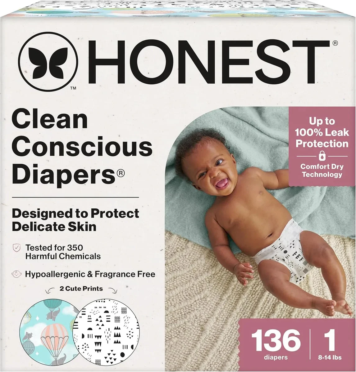 The Honest Company 136ct Clean Conscious Diapers for Delicate Skin, Size 1 (8-14 lbs) - Above It All + Pattern Play
