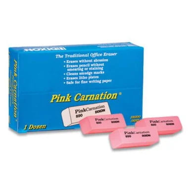 Dixon Ticonderoga 38900 Pink Carnation Erasers, For Pencil Marks, Rectangular Block, Medium, Pink, Dozen