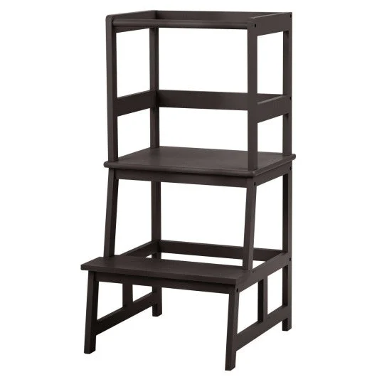 COSTWAY Kids Wooden Kitchen Step Stool With Safety Rail-Brown