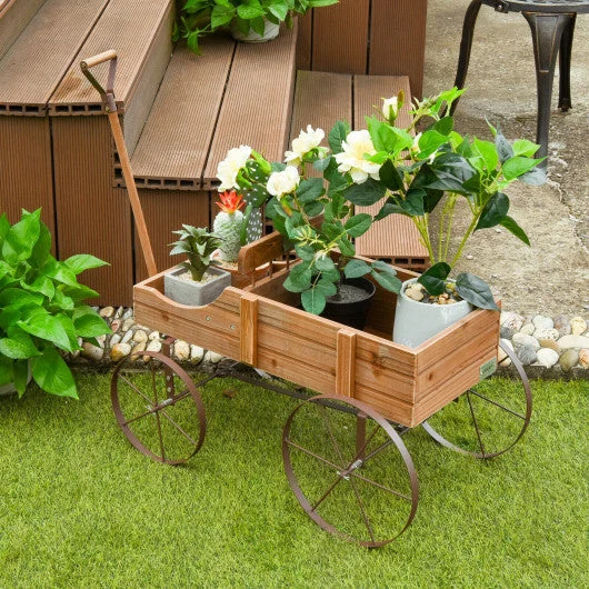COSTWAY Wooden Wagon Plant Bed With Wheel for Garden Yard-Brown