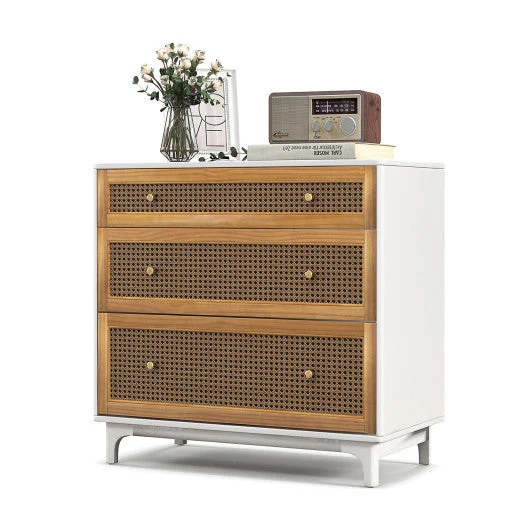 COSTWAY 3-Drawer Rattan Dresser Chest With Anti-Toppling Device-Brown