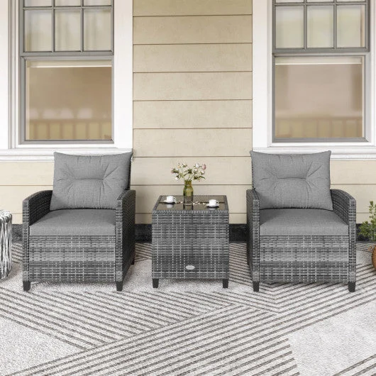 COSTWAY 3 Pieces Outdoor Wicker Conversation Set With Tempered Glass Tabletop-Gray
