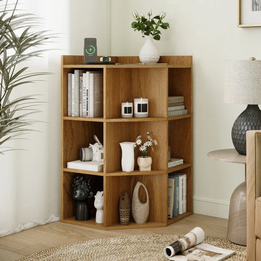 COSTWAY 3-Tier Corner Cabinet With Charging Station for Bedroom-Natural