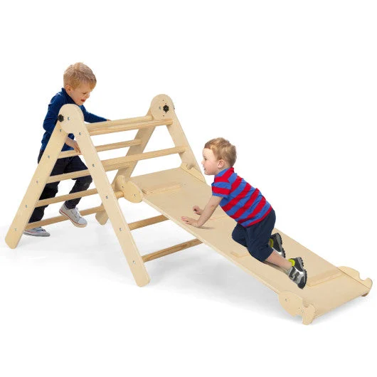 COSTWAY 3-in-1 Climbing Set Foldable and Adjustable Kids Triangle Set-Natural