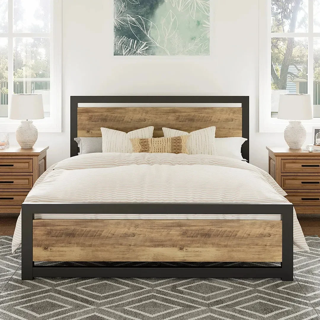 Steelside™ Wood and Black Metal Frame Bed with Headboard - Queen