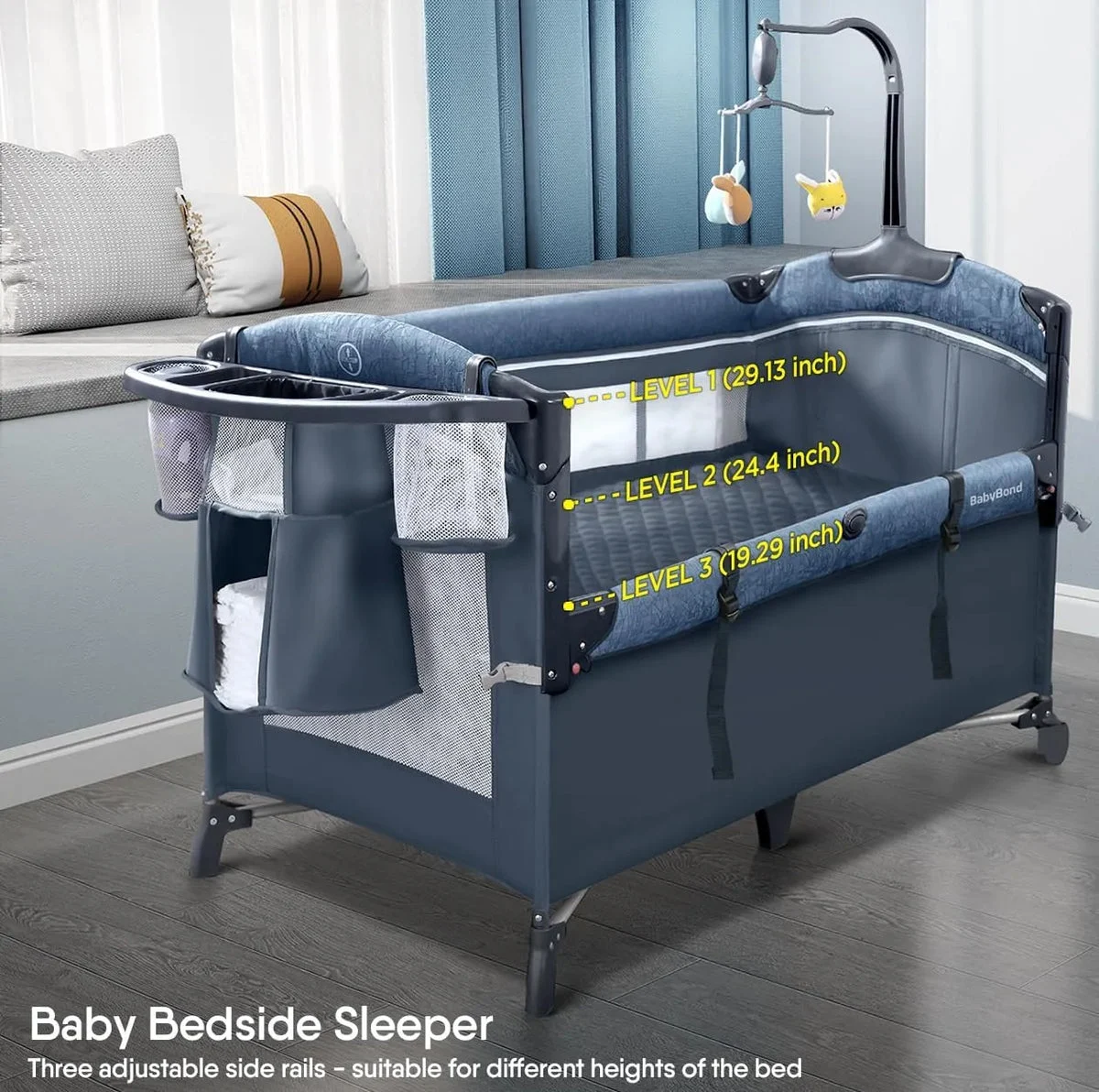 BabyBond Baby Bassinet Bedside Crib, Pack and Play with Sheet, Diaper Changing Table and Music Mobile from Newborn to Toddles, Portable Large Playard Blue
