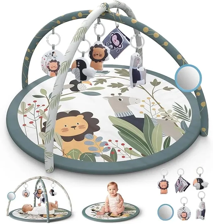 PIGLOG Baby Tummy Time Play Mat, Baby Play Gym Mat with 6 Detachable Sensory Toys for Baby Activity Gym, Newborn Play Mat for Sensory Development and Motor Skills(Animal)