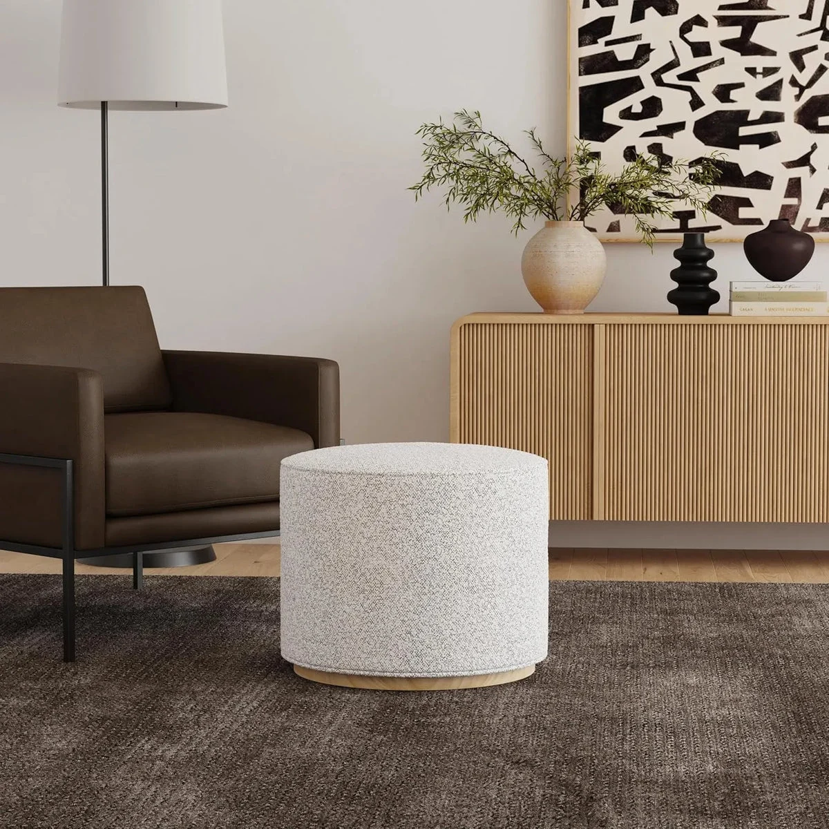 Spatial Order Bouclé Ottoman - Cream Bouclé With Gray Yarns