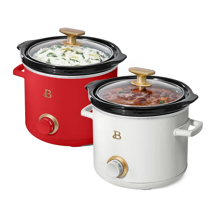 Beautiful 2 Qt Manual Slow Cooker, 2-Pack, Tomato Red + White Icing