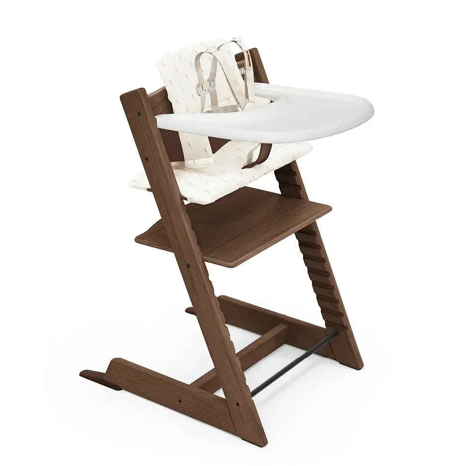 Stokke (Floor Model) Tripp Trapp High Chair Oak Brown, Wheat Cream Cushion and Stokke Tray