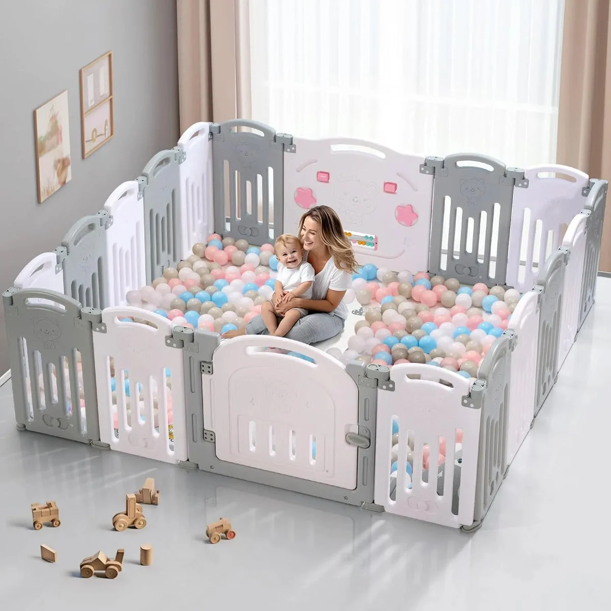 UANLAUO Spacious 18-Panel Playpen for Babies and Toddlers - Grey & White (See description)