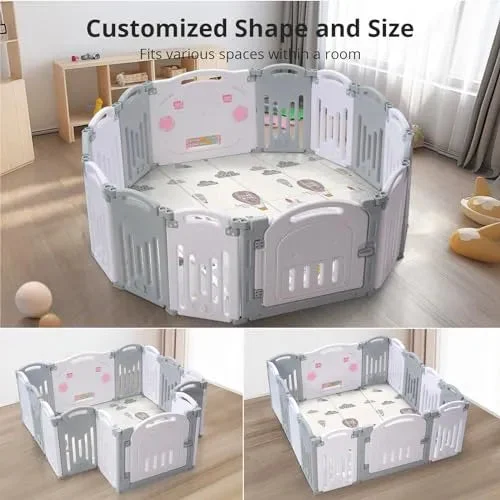 UANLAUO Foldable Baby Playpen, 14 Panels(Grey+White) (See Description)