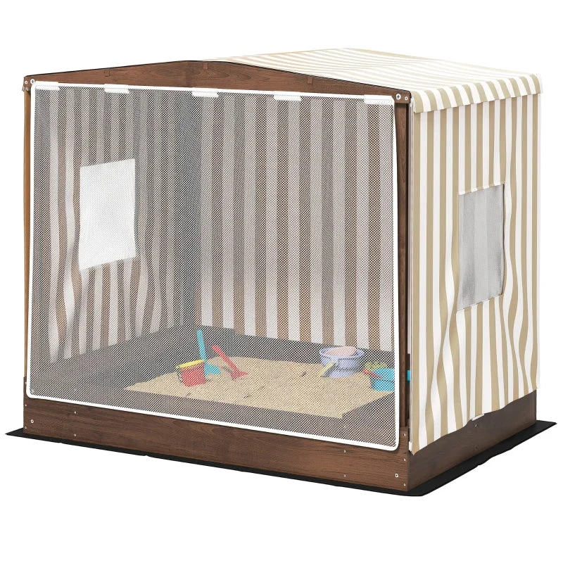 Qaba Kids Wooden Sandbox with Canopy Fully Covered, 2 Bench Seats, Bottom Liner, 56