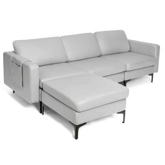 COSTWAY Modular 3-Seat L-Shaped Sectional Sofa With Reversible Chaise and 2 USB Ports-Light Gray