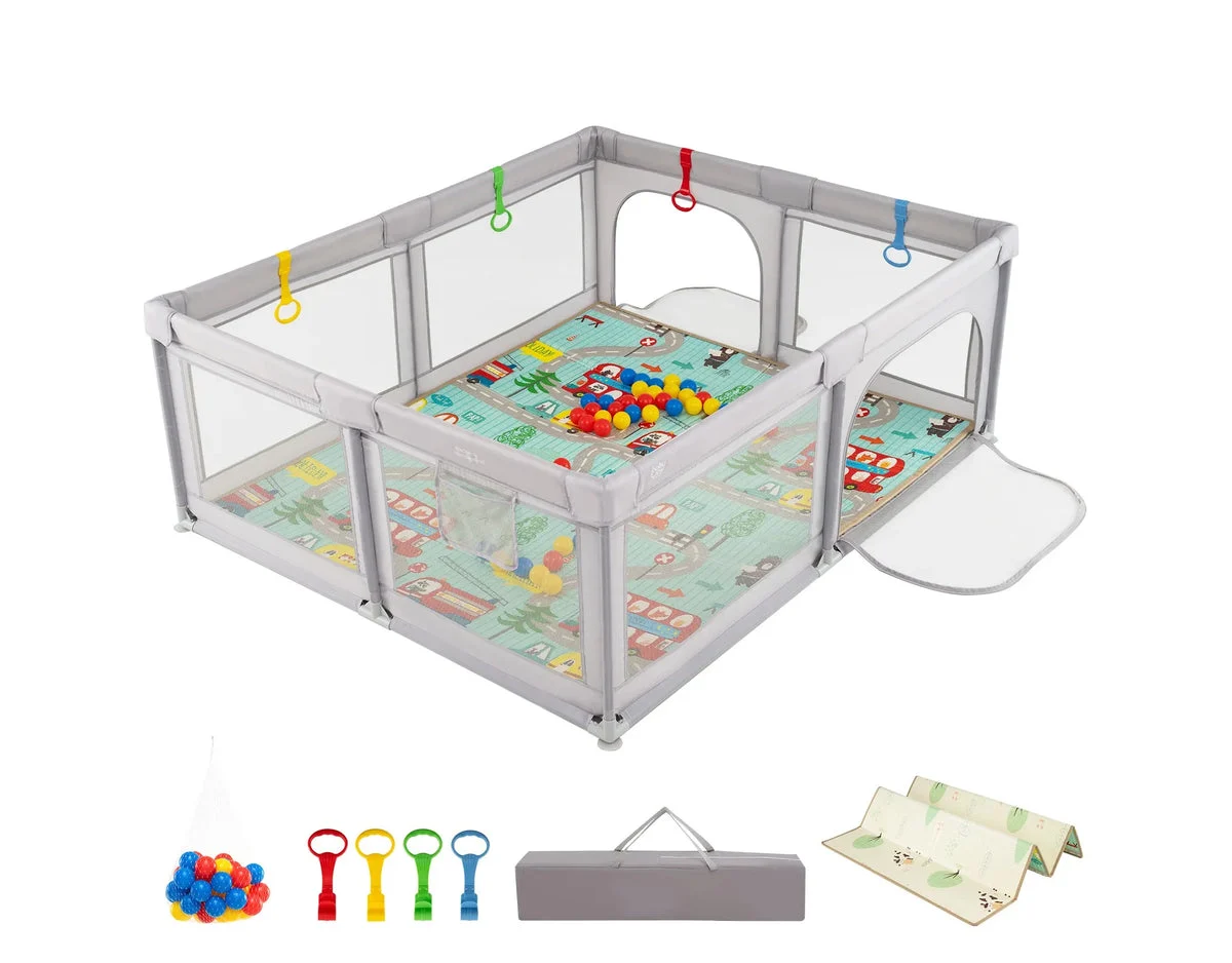 INFANS Large Baby Playpen with Mat - Play Yard with Pull Rings