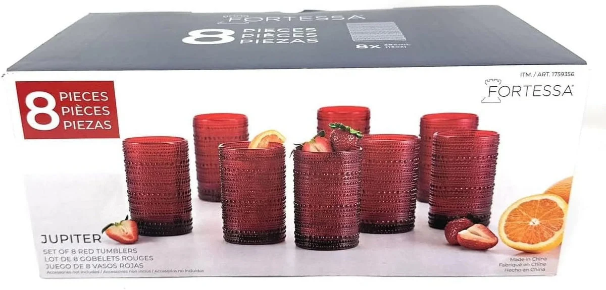 Fortessa Jupiter Glass Tumblers Red Beaded Textured 13 Ounces Each 8 Pieces