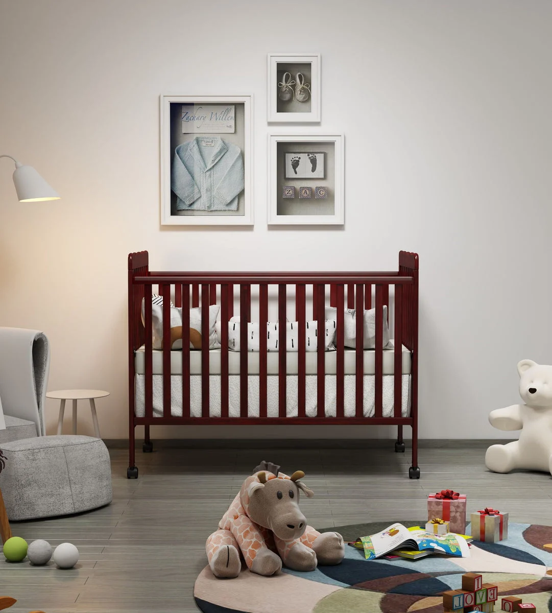 HAOLONG Crib 3 in 1 Convertible, Made of Sustainable Pinewood, Non Toxic Finish, Comes With Locking Wheels, Wooden Nursery Furniture
