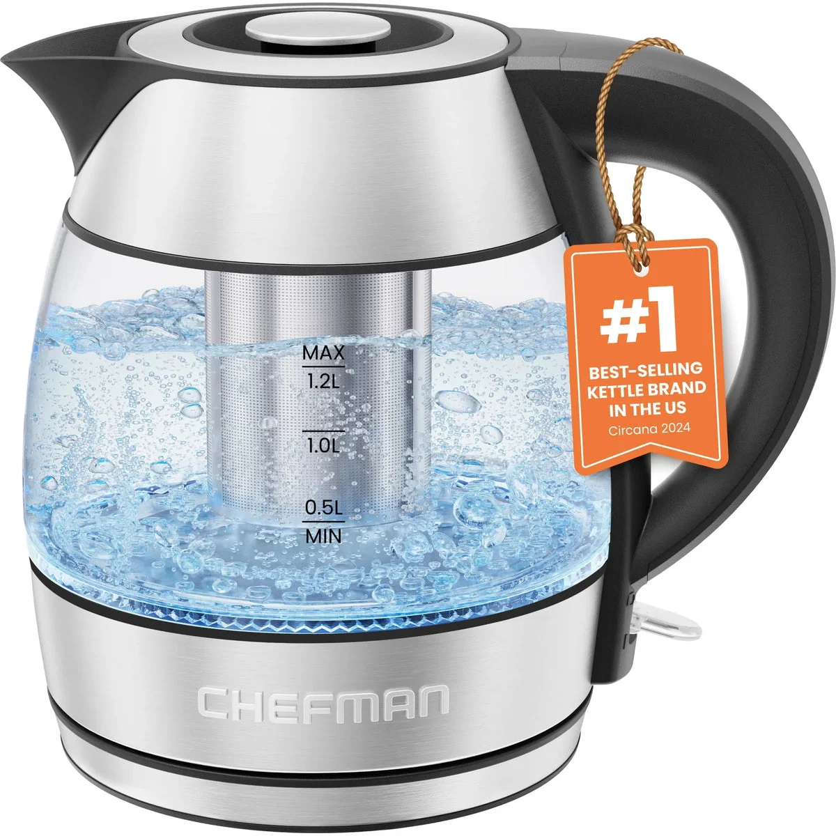 Chefman 1.2L Rapid Boil Electric Tea Kettle with Tea Infuser - Stainless Steel