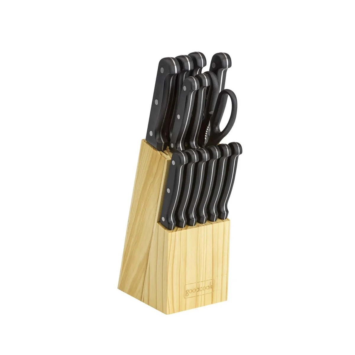 GoodCook Ready 14pc Cutlery Block Set: High Carbon Stainless Steel Kitchen Knives & Block, Hand Wash, Black Handles