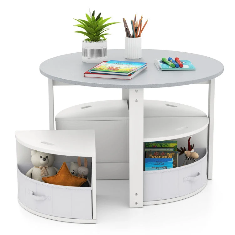 COSTWAY 5 Piece Toddler Round Nesting Table With 4 Storage Stools for Activity-Natural
