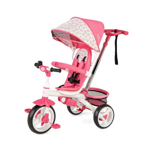 COSTWAY 5-in-1 Detachable Baby Stroller Tricycle With Round Canopy-Pink