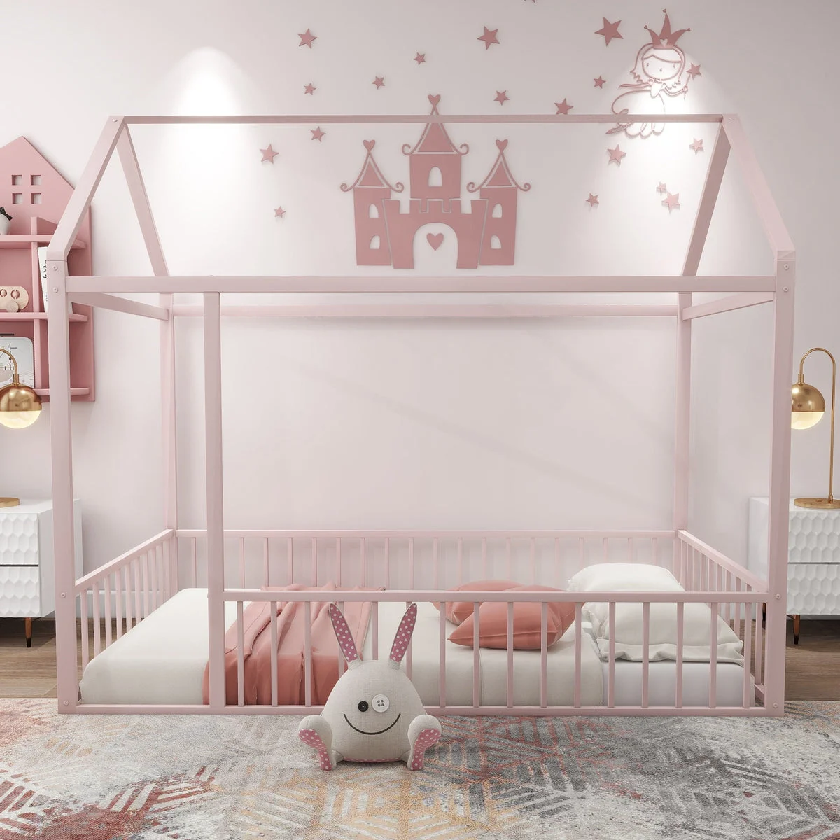 HALCYON HOME Twin Size Bed House Bed Frame With Fence - Pink