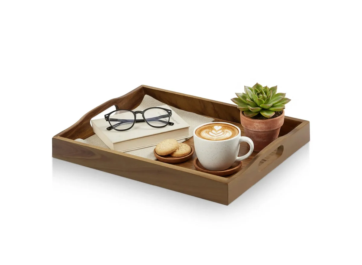 Garnen Rectangular Wooden Serving Tray with Handles - Brown