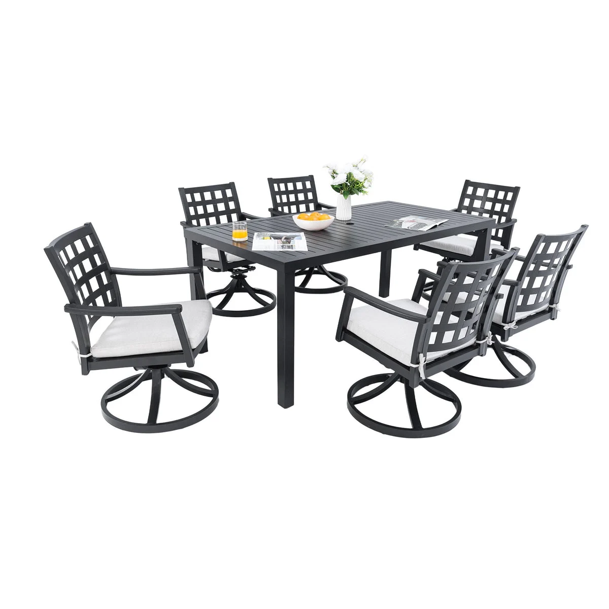 LIFEOUTSIDE 7 Pieces Modern Classic Outdoor Patio Dining Set, Rectangular Table & 6 Swivel Rock Dining Chairs, Rust Free, Weather Resistant - Ember Black