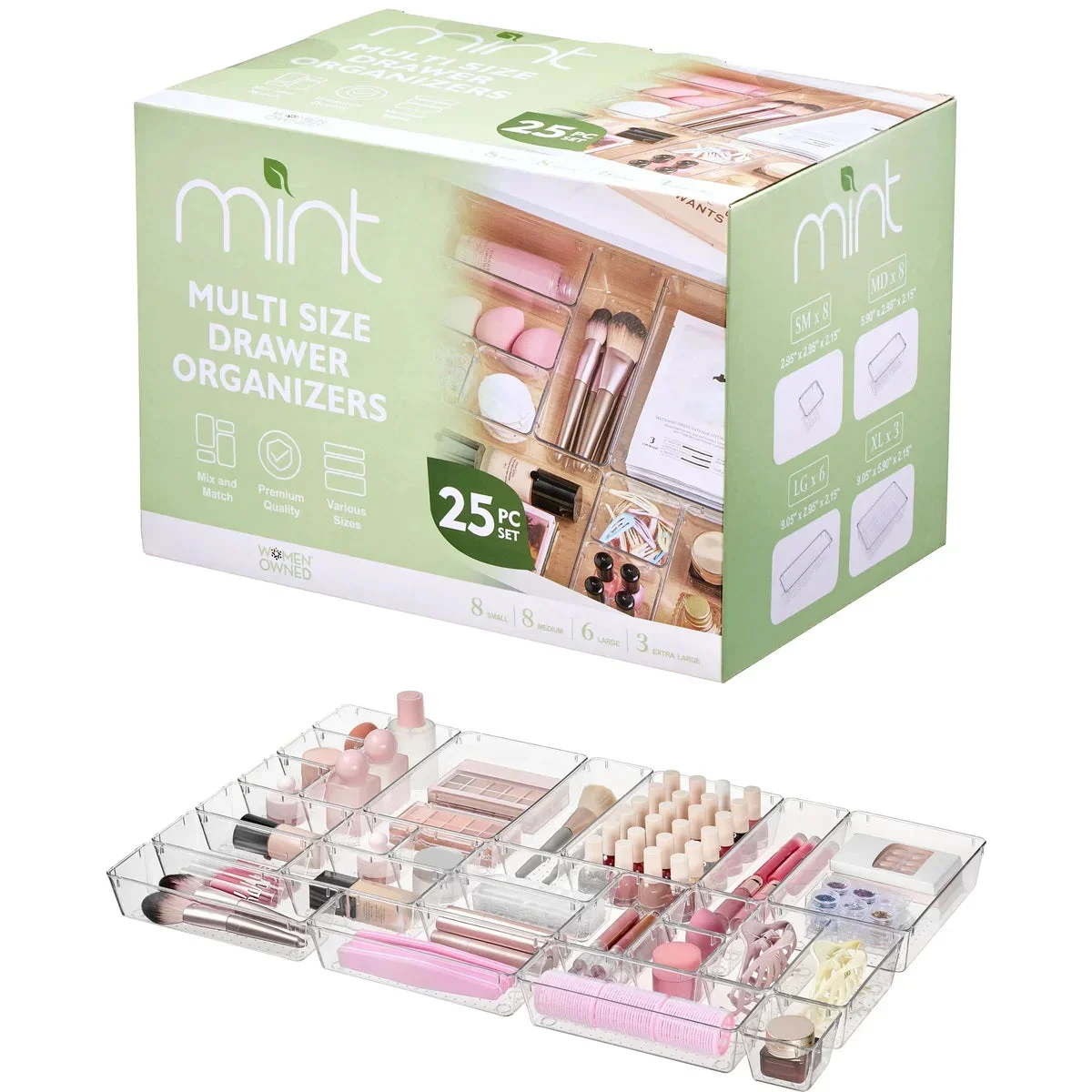 J&V Textiles 25 PCS Clear Plastic Drawer Organizers Set, 4 Sizes Clear Drawer Organizers & Storage Bins for Makeup/Jewelry Vanity, Kitchen Gadgets or Office Desk. Bathroom Drawer Organizer Trays