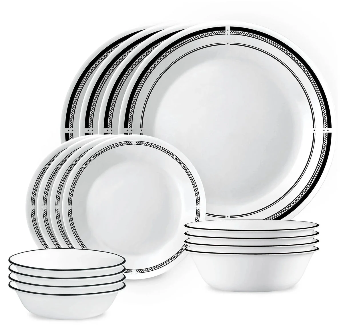 Corelle 16pc Vitrelle Brasserie Dinnerware Set: Geometric Pattern, Service for 4, Includes Plates & Bowls, Dishwasher-Safe