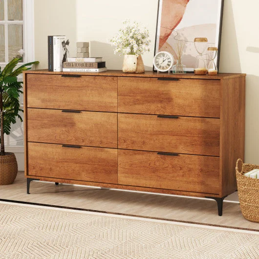 COSTWAY 6-Drawer Dresser With Interlock System for Bedroom Living Room-Cherry