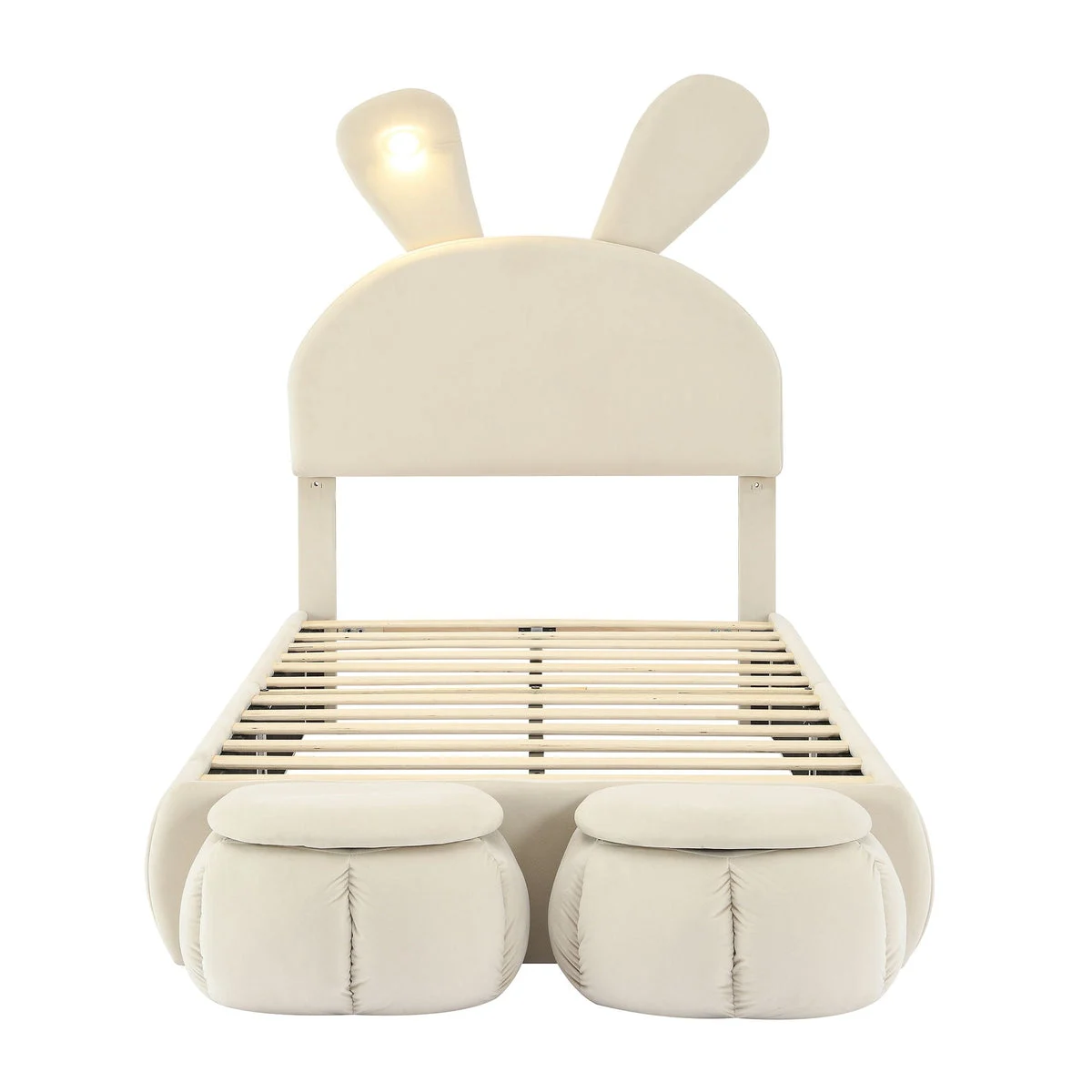 DREAMLAND BABY Twin Size Upholstered Platform Bed With Cartoon Ears Shaped Headboard and LED Light - Beige