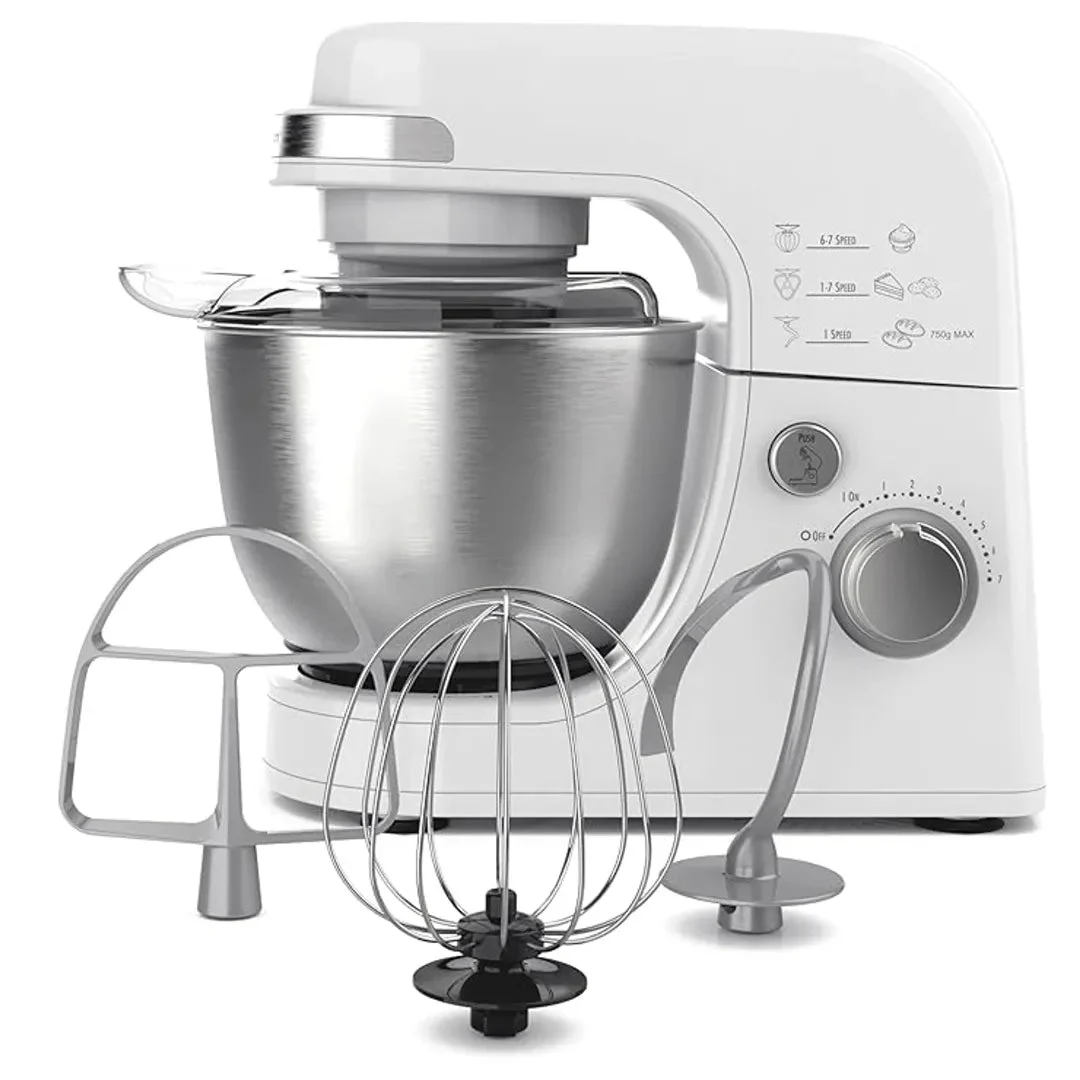 Hamilton Beach Electric Stand Mixer, 4 Quarts, Dough Hook, Flat Beater Attachments, Splash Guard 7 Speeds with Whisk - White