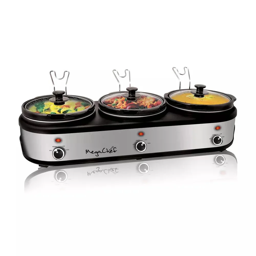 Megachef Triple 2.5 Quart Slow Cooker and Buffet Server in Brushed Silver and Black Finish with 3 Ceramic Cooking Pots and Removable Lid Rests