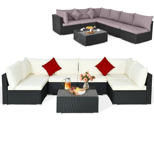 COSTWAY 7 Pieces Sectional Wicker Furniture Sofa Set With Tempered Glass Top-Gray & Off White
