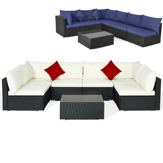 COSTWAY 7 Pieces Sectional Wicker Furniture Sofa Set With Tempered Glass Top-White & Navy