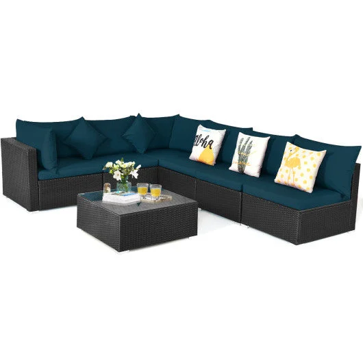 COSTWAY 7 Pieces Sectional Wicker Furniture Sofa Set With Tempered Glass Top-Peacock Blue