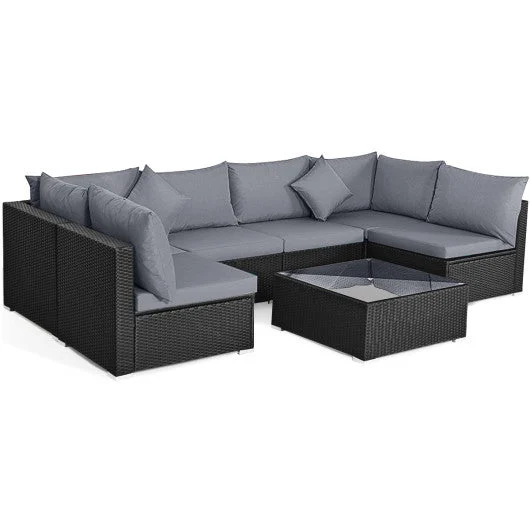 COSTWAY 7 Pieces Sectional Wicker Furniture Sofa Set With Tempered Glass Top Coffee Table-Gray