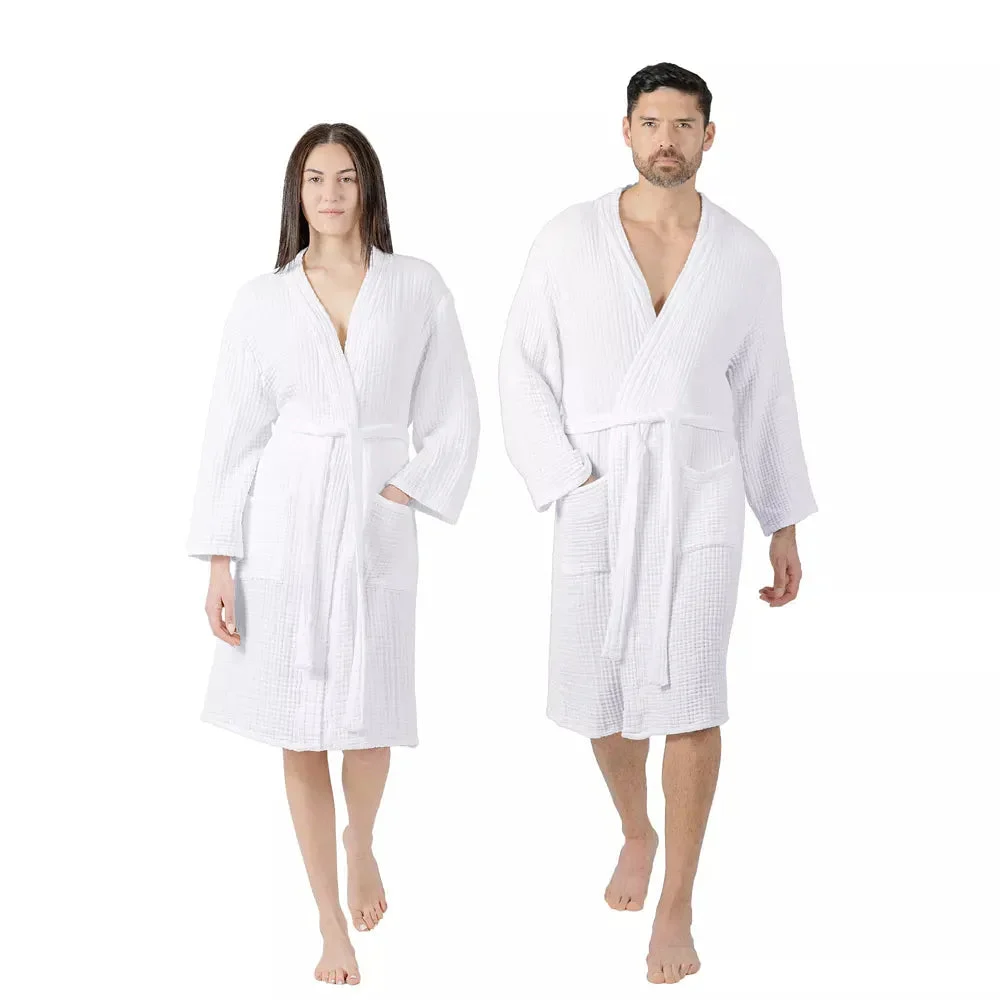 Comfy Cubs Adult Muslin Bathrobe 100% Cotton Robe with 4-Layer Absorbent Muslin Fabric - White (Large/X Large)