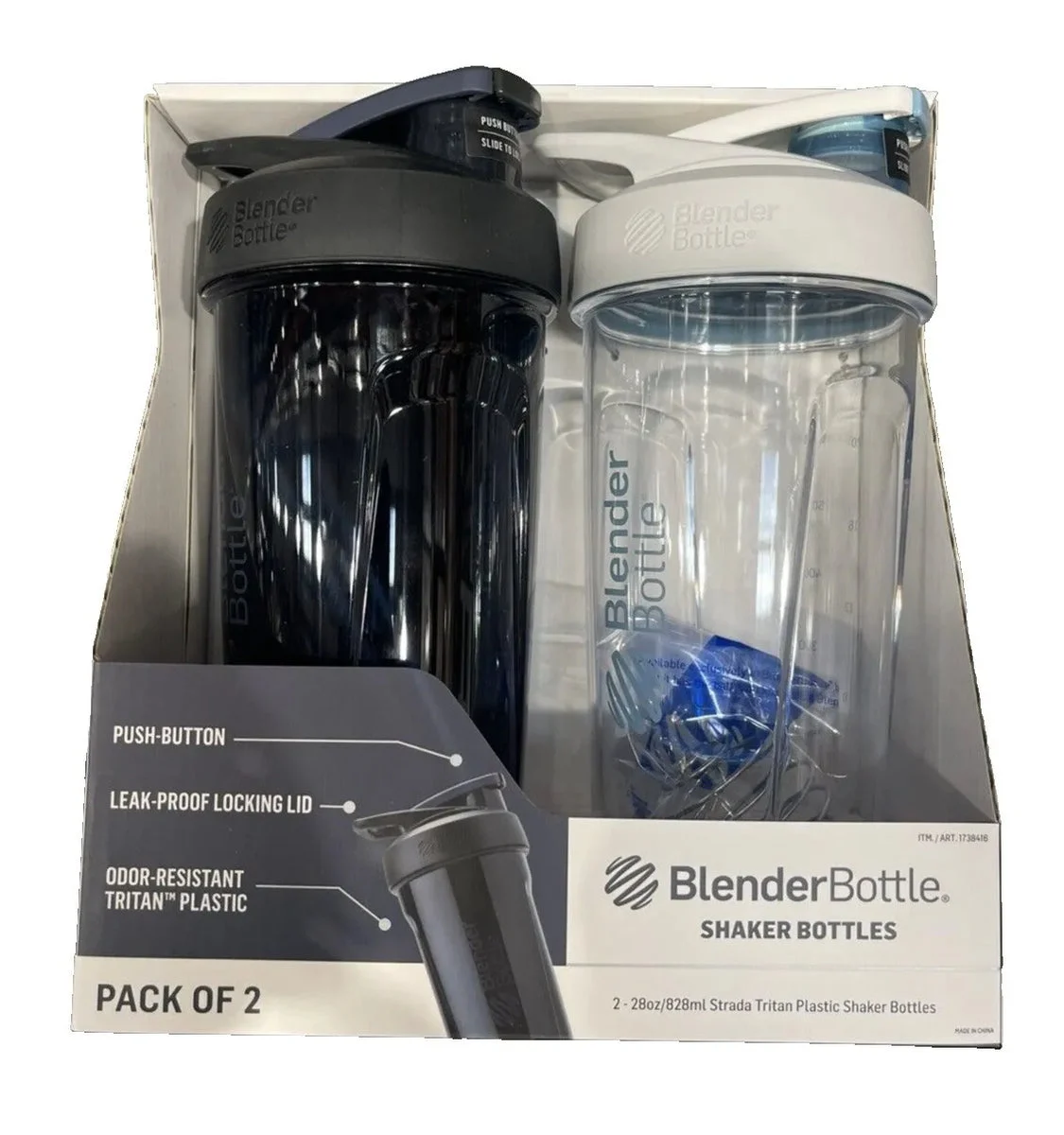 BlenderBottle Strada Shaker Bottles - 28 Ounce (2 Count) - Black and White
