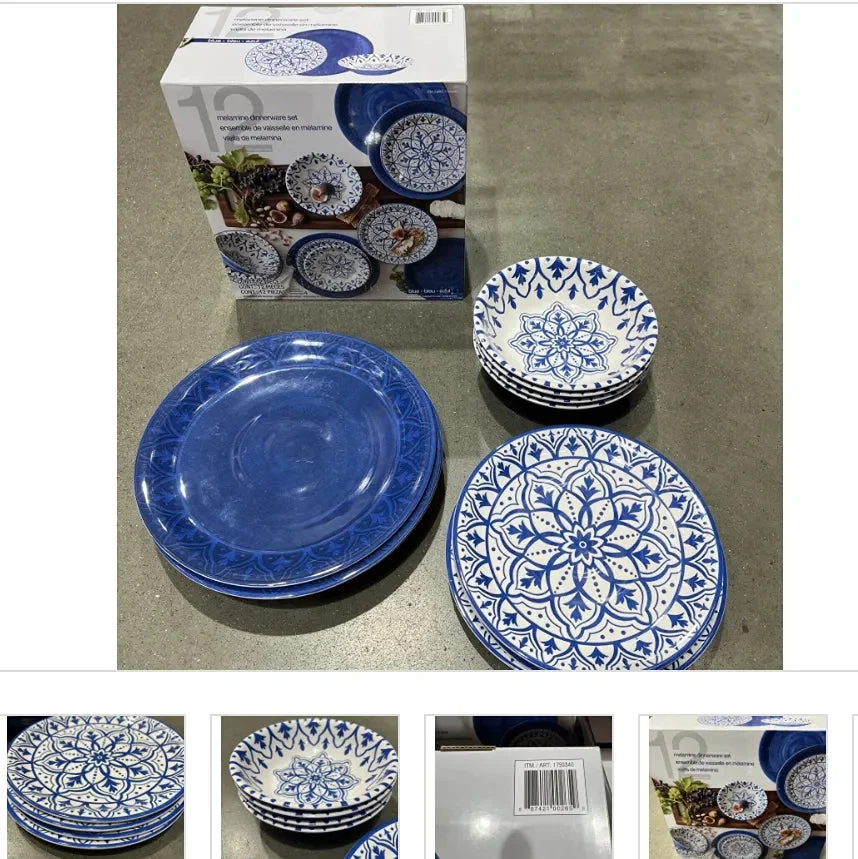 Pandex Melamine 12-Piece Dinnerware Set - Dishwasher Safe for Indoor & Outdoor Use - Blue