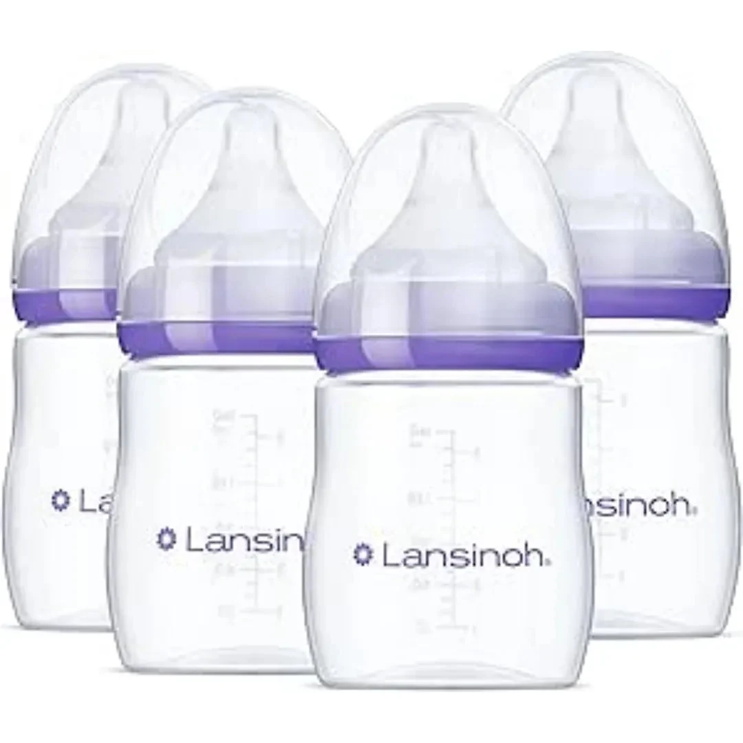 Lansinoh Anti-Colic Baby Bottles for Breastfeeding Babies, 5 Ounces, 4 Count, Includes 4 Extra Slow Flow, Size XS