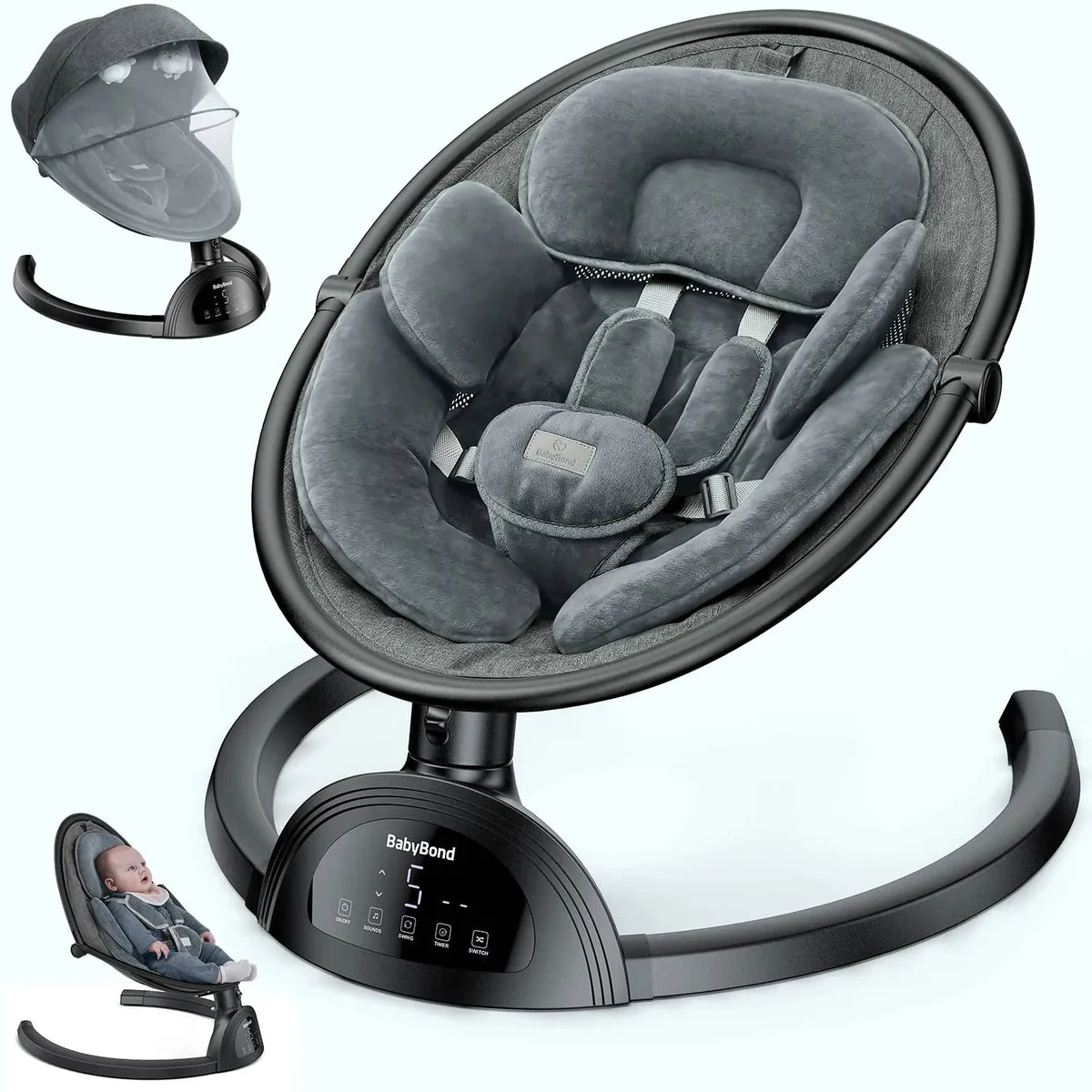 BabyBond Baby Swings Infants Bluetooth Music Speaker 3 Seat Positions - Black