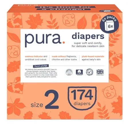 Pura Sensitive Soft Sustainable Baby Diapers Size 2, 174 Count