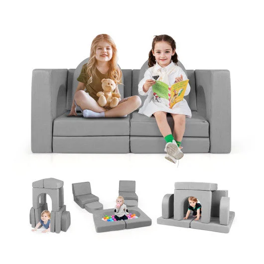 COSTWAY 8-Piece Modular Kids Play Couch With Comfy Suede Fabric-Gray