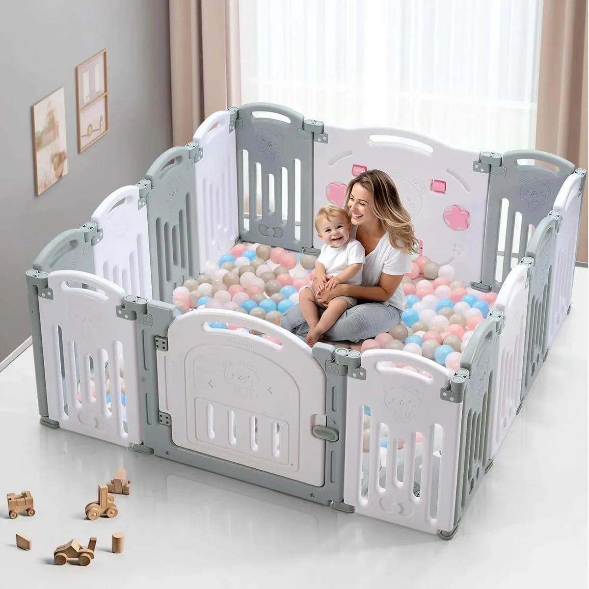 UANLAUO Foldable Baby Playpen, 14 Panels(Grey+White)
