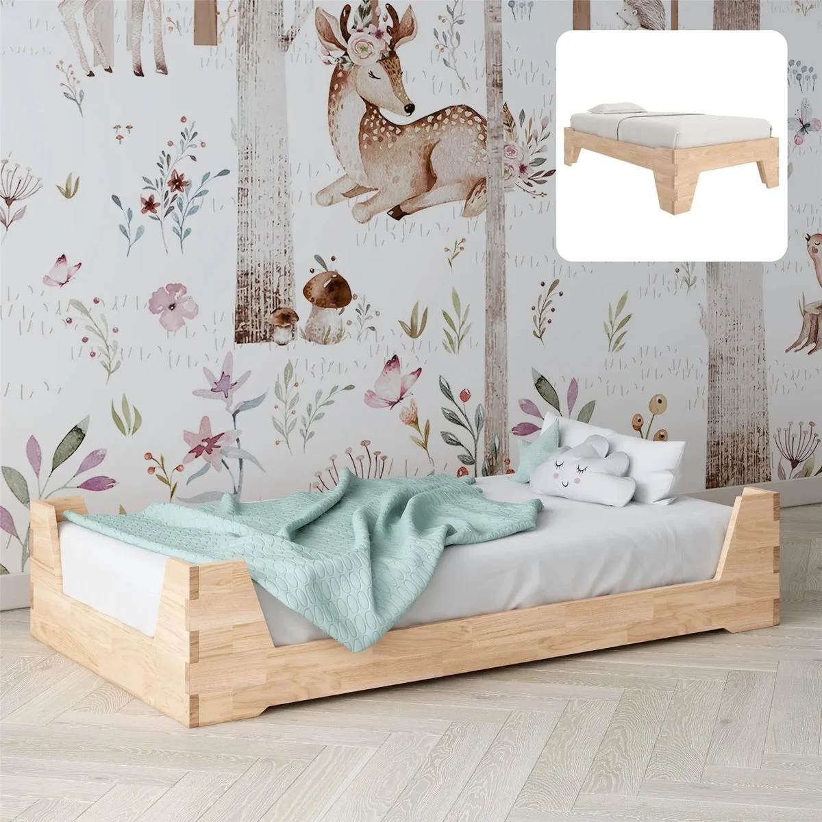 LITTLE SEEDS Maverick Montessori Toddler Floor Bed with 2 Heights, Natural