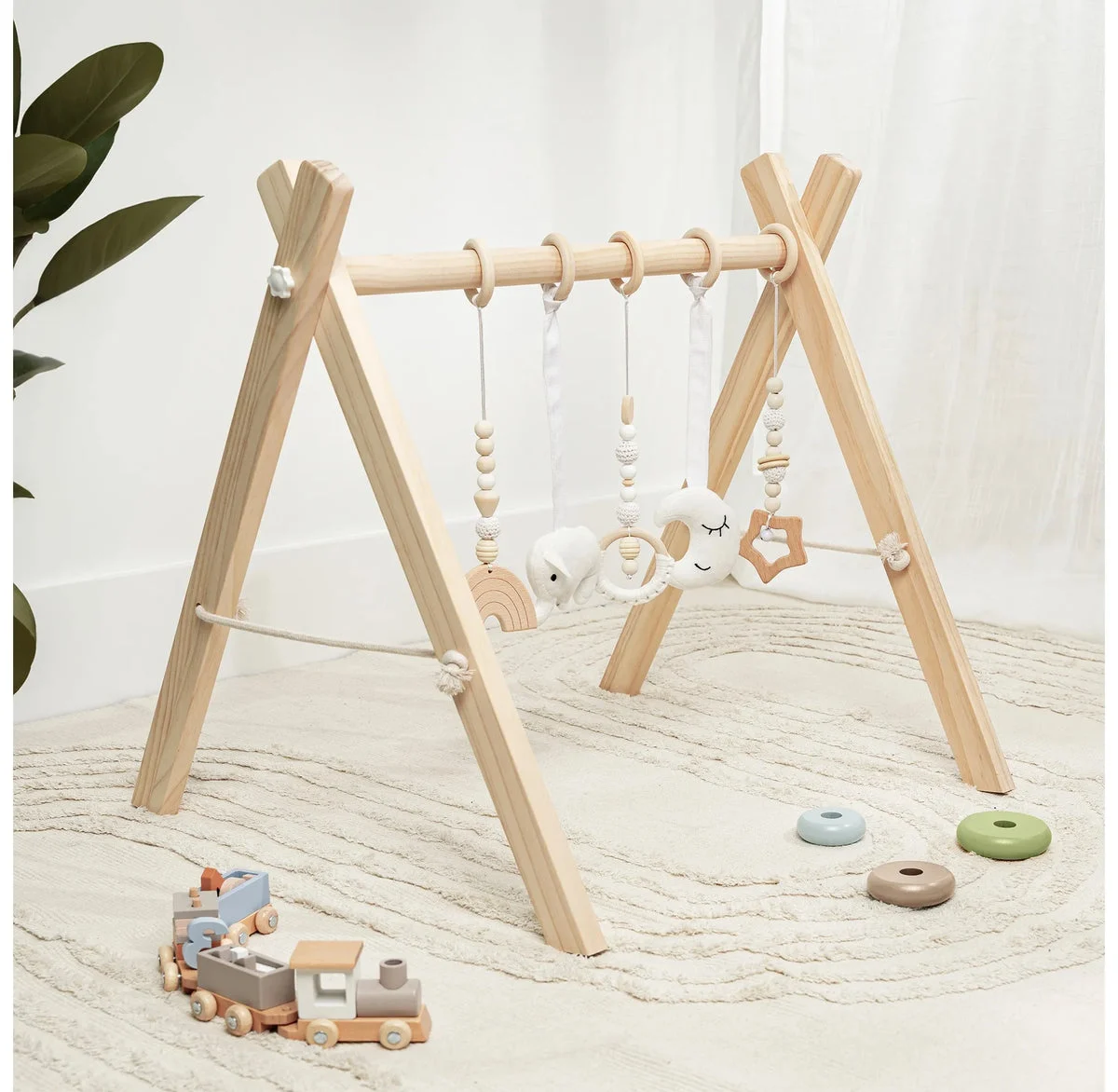 ComfyBumpy Wooden Baby Play Gym Set - natural wood