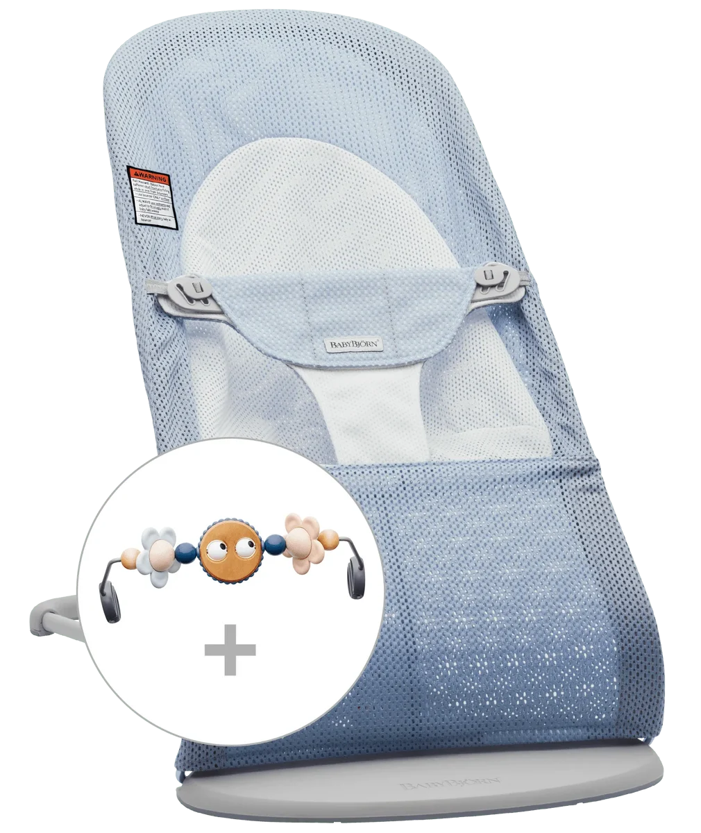 BabyBjörn Bouncer Bundle with Toy - Sky Blue/White / Mesh / Light Gray / Googly Eyes Pastel