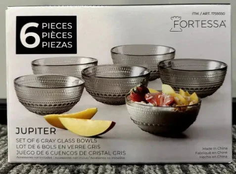 Fortessa Jupiter 6 Piece Gray Glass Bowls Set - 13.5oz, 5in Diameter (See Description)